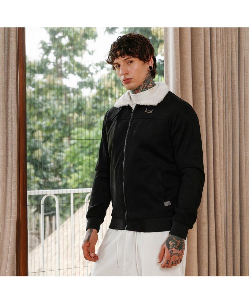 Men's Raven Black Contrast Sherpa-Lined Suede Bomber Jacket