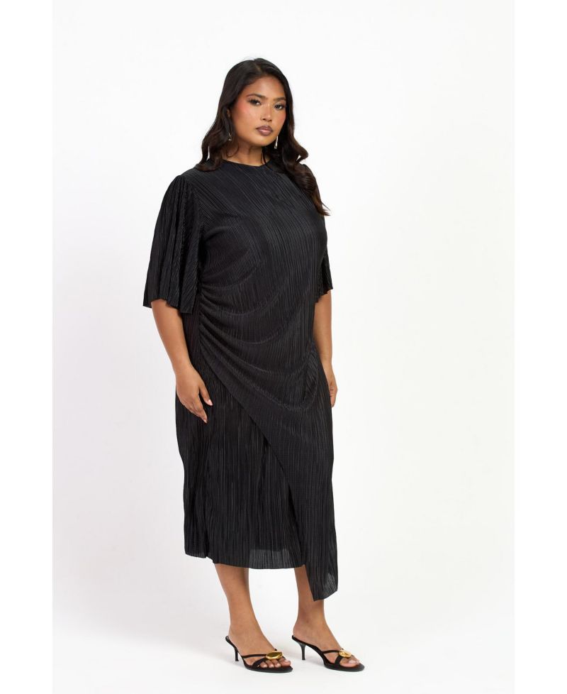 Women's FASHION-SZN Ruched Side Flutter Sleeve Midi Dress