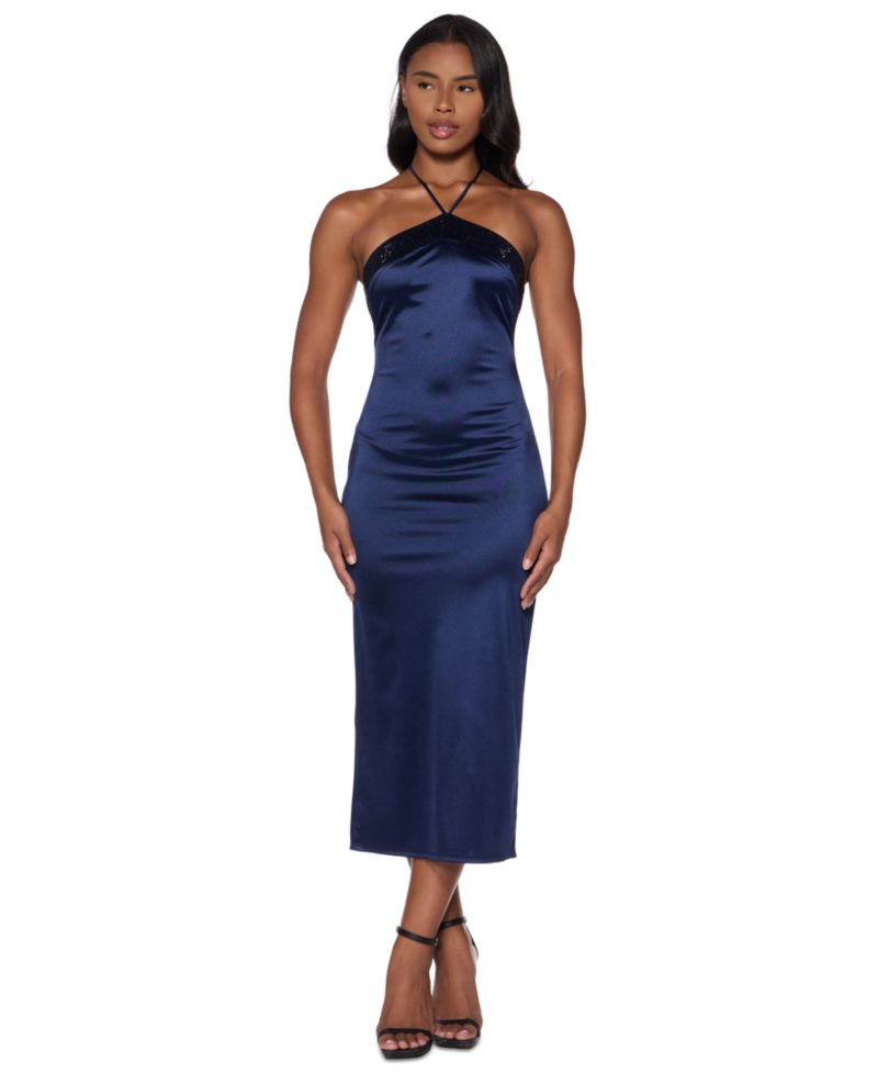 Juniors' Stone-Embellished Halter Neck Satin Midi Dress