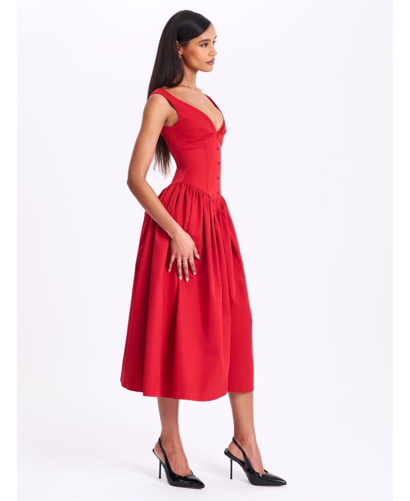 Women's Nahla Red Drop Waist Midi Dress with Buttons