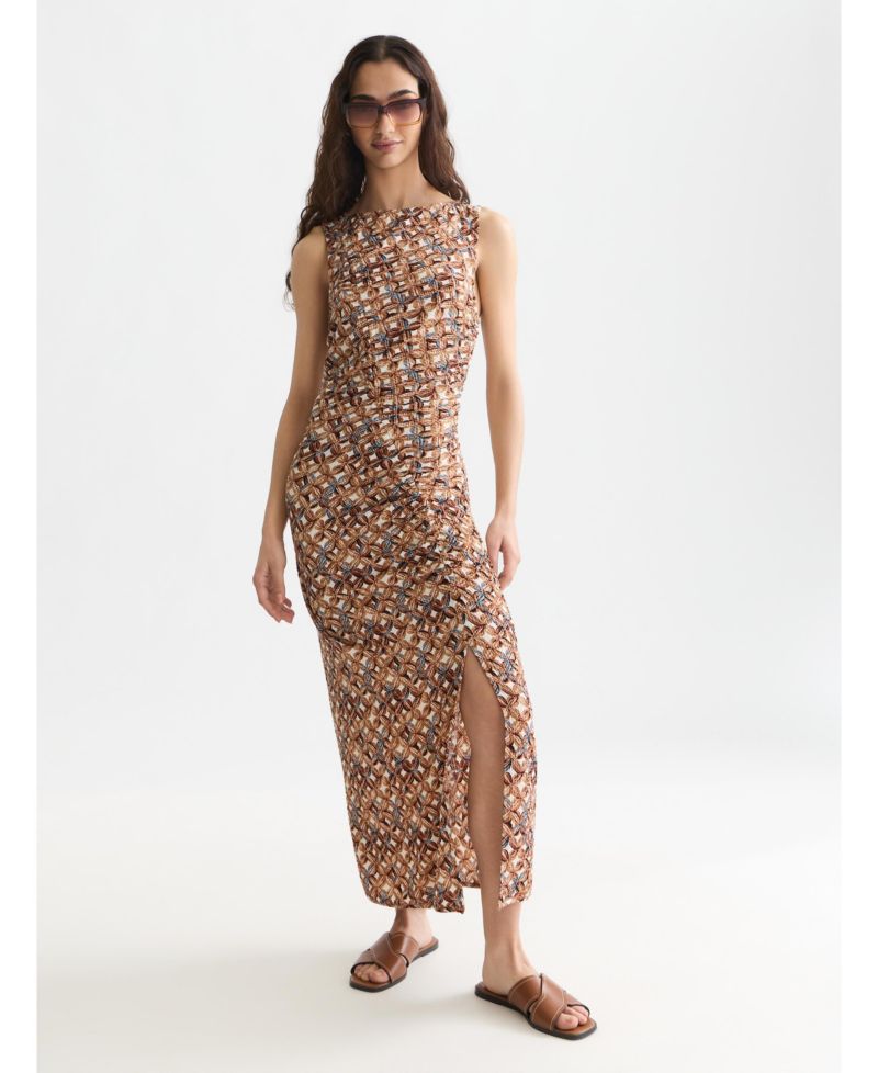 Women's Dresses Printed Textured Midi Dress, Tiles Flower Doeskin, Medium