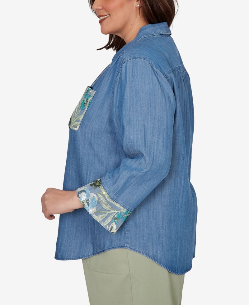 Plus Size Sequined Denim Button-Front Top
