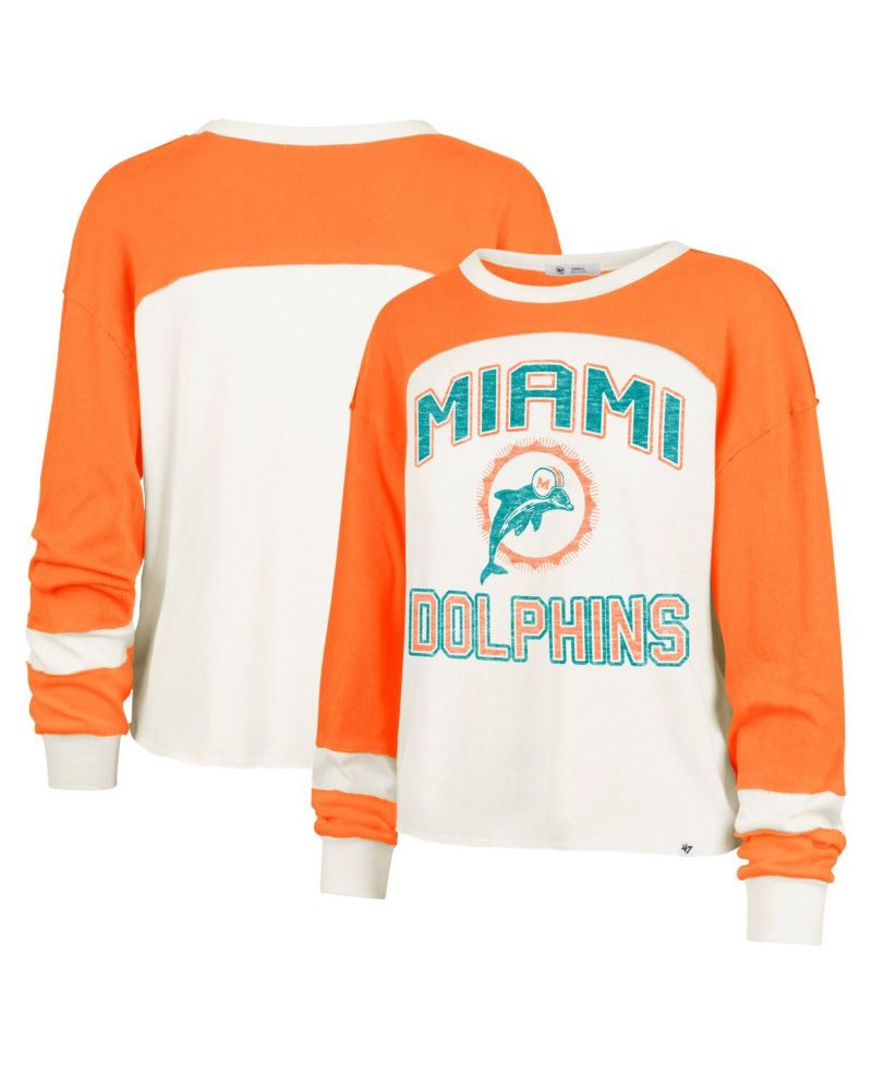 Women's Cream Miami Dolphins Double Header Curve Raglan Long Sleeve Crop Top