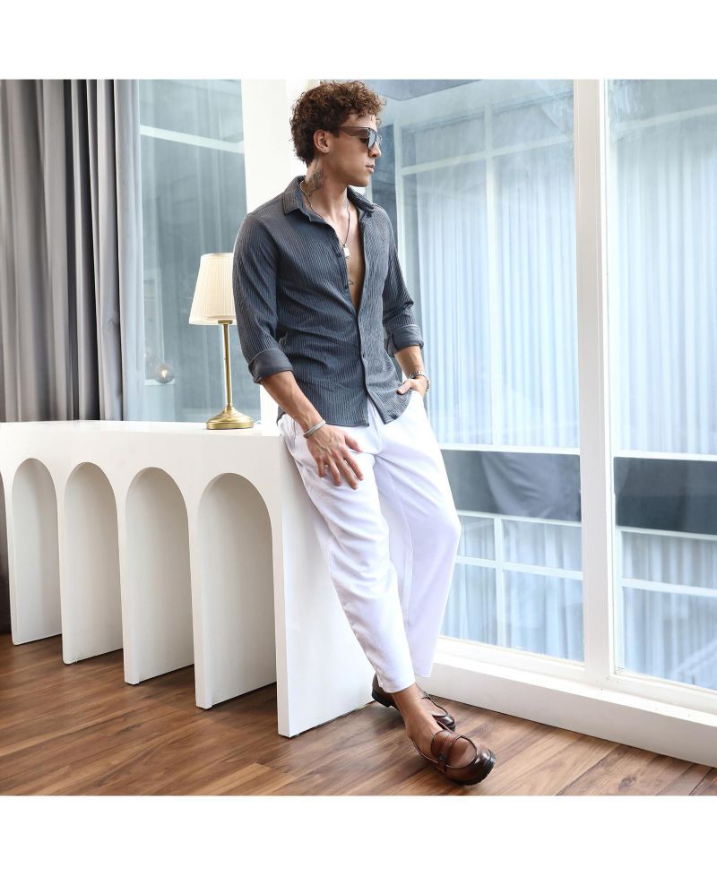 Men's Powder Grey Solid Creased Shirt