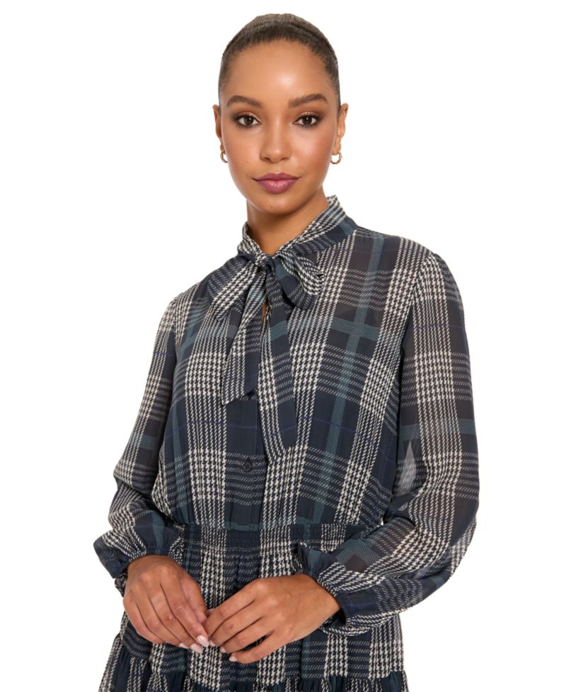 Women's Plaid-Print Midi Tie-Neck Dress