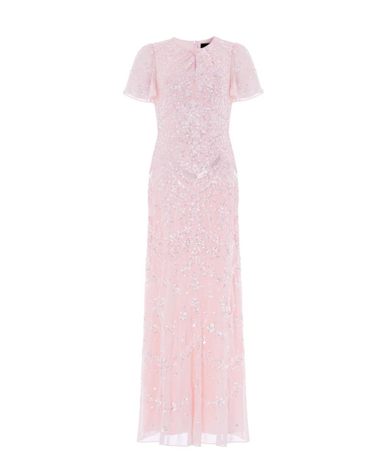 Women's Freya Georgette Sequin Flutter-Sleeve Maxi Gown