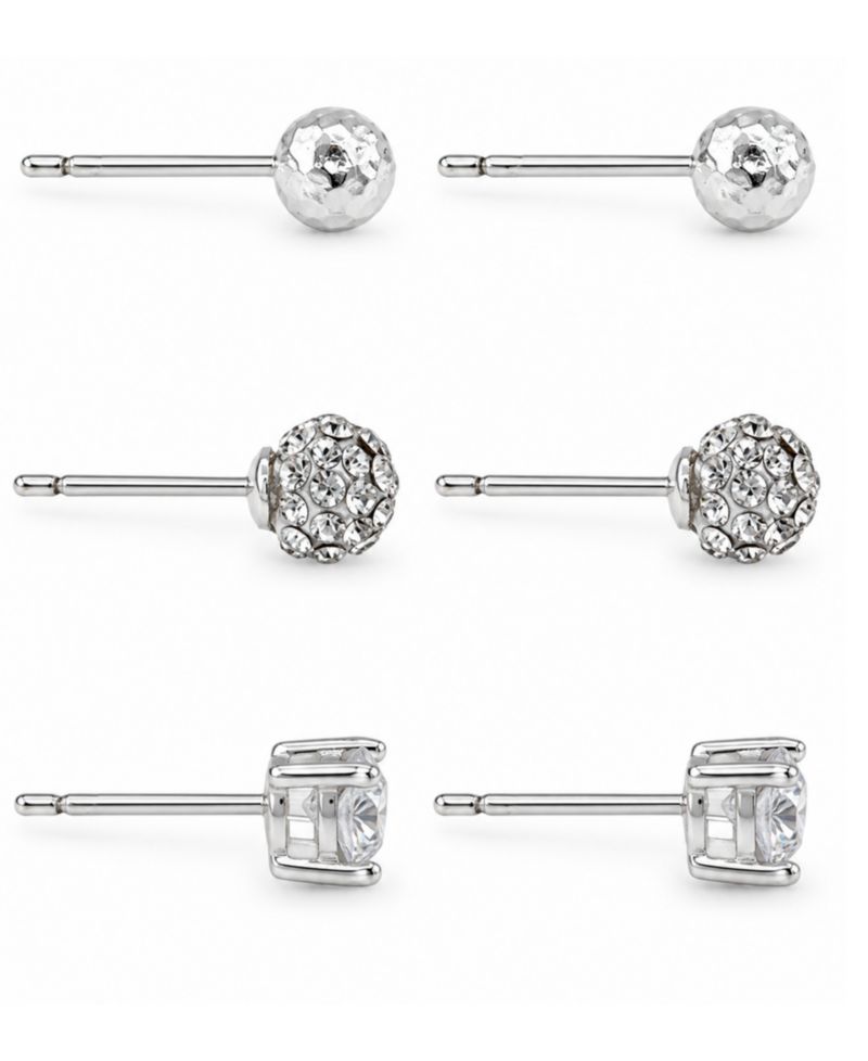 3-Pc. Set Cubic Zirconia, Hammered-Look and Crystal Ball Stud Earrings in Silver-Plate
