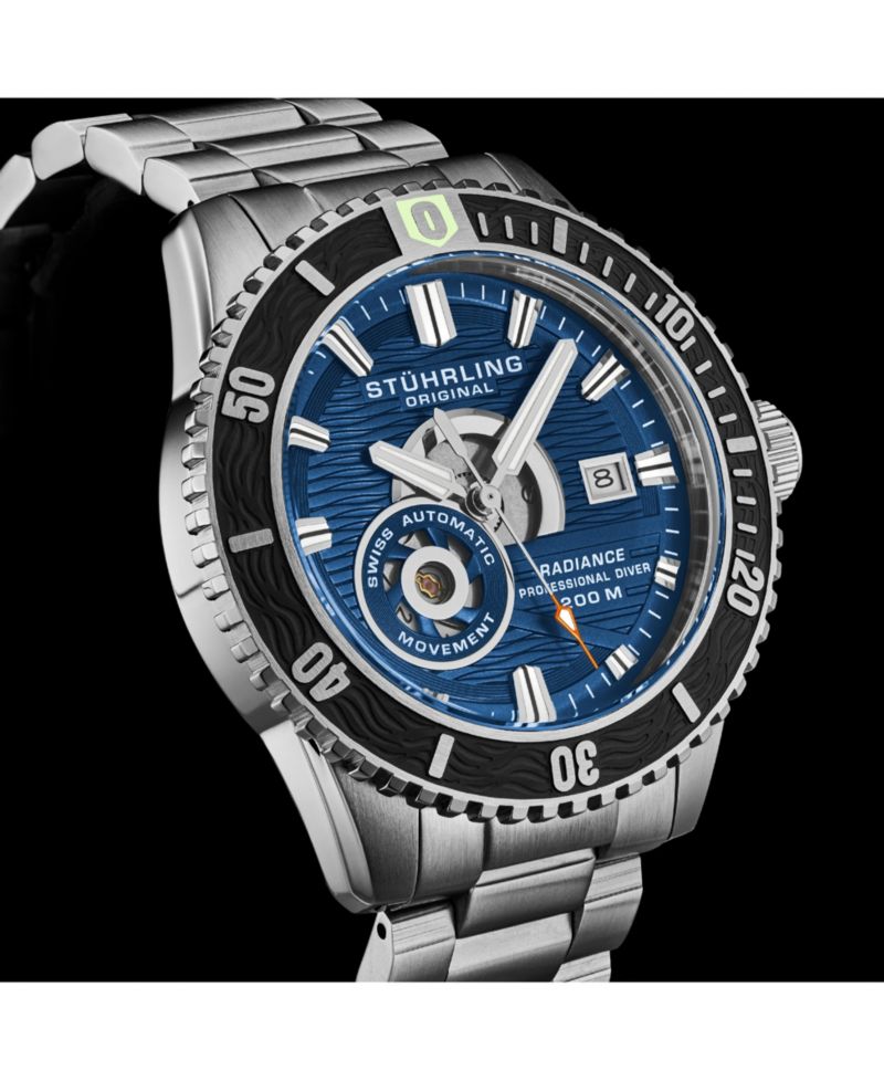 1013 Men s Automatic Watch Swiss Movement Blue Dial Black Bezel Stainless Steel Case and Bracelet 200M Water Resistant Diver Date Window