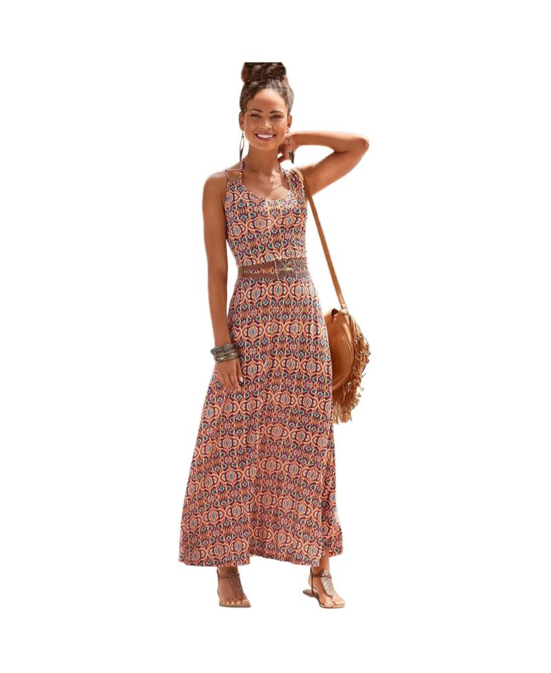 Women's Viscose Tropical Print Halterneck V-Neck Maxi Dress