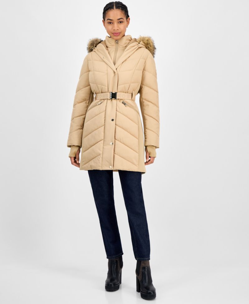 Women's Faux-Fur-Trim Hooded Belted Puffer Coat