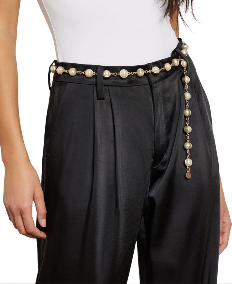 Women's Imitated Pearl Embellished Gold-Tone Chain Dress Belt