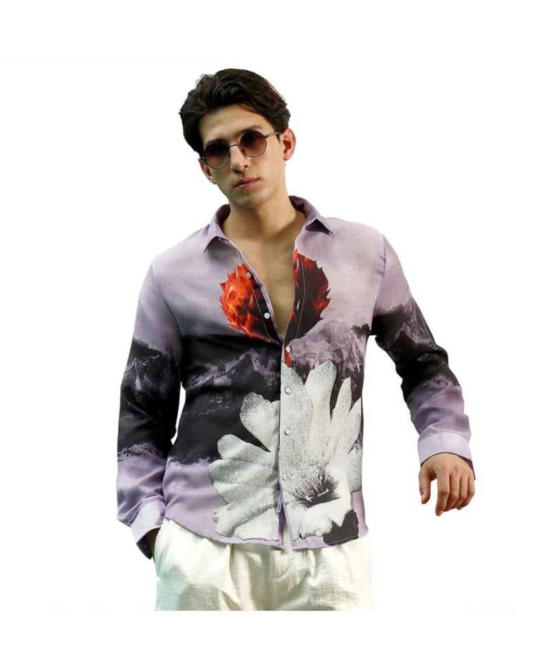 Men's Purple Floral Printed Shirt With Spread Collar