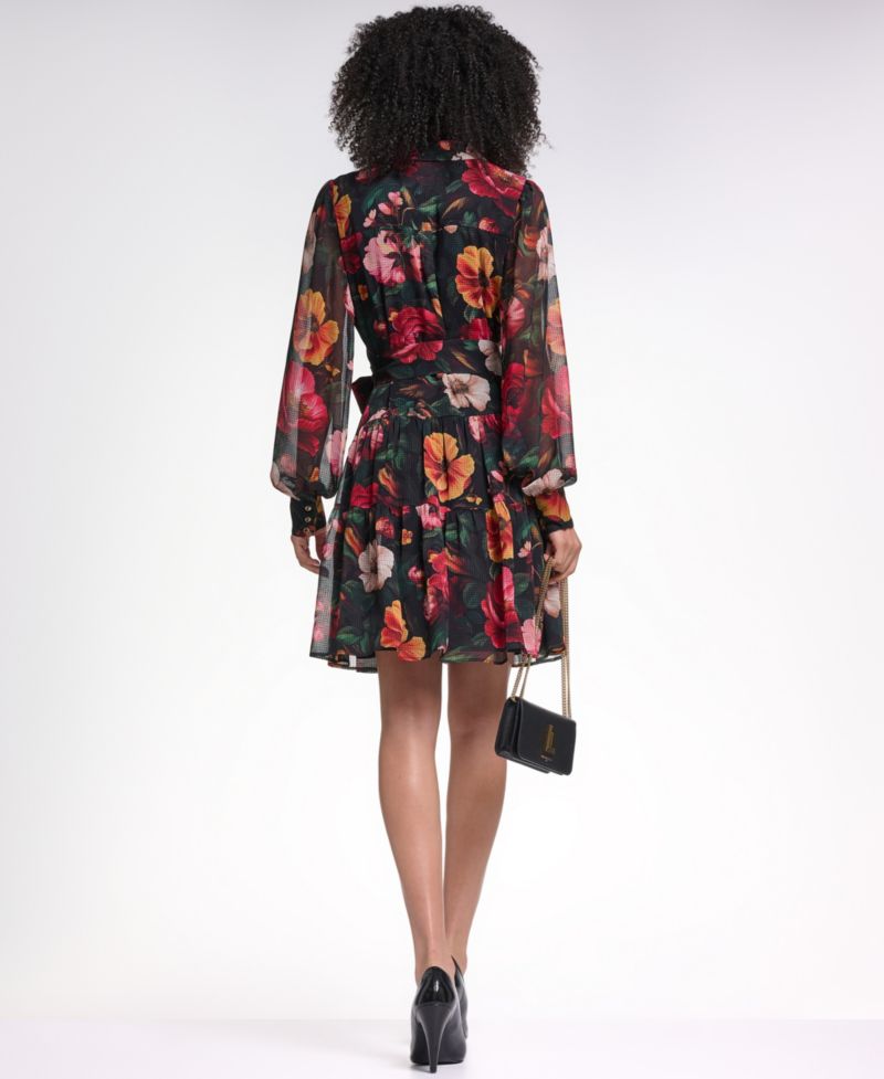 Women's Printed Grid Chiffon Shirtdress