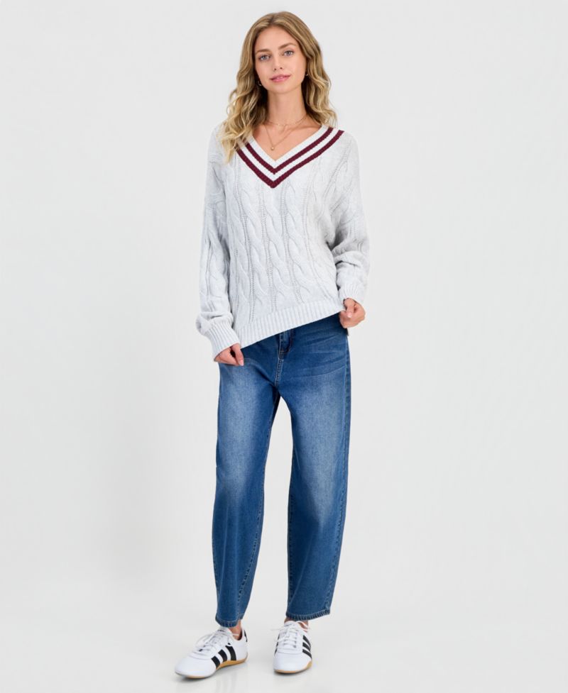 Juniors' V-Neck Varsity Cable-Knit Sweater