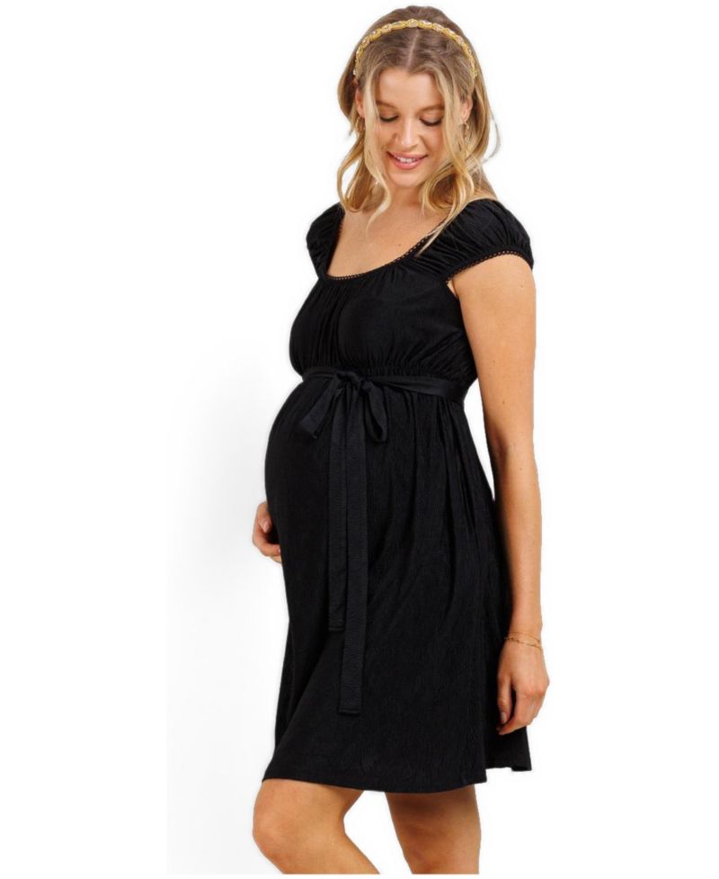 Maternity Cap Sleeve Textured Empire Waist Dress with Pockets