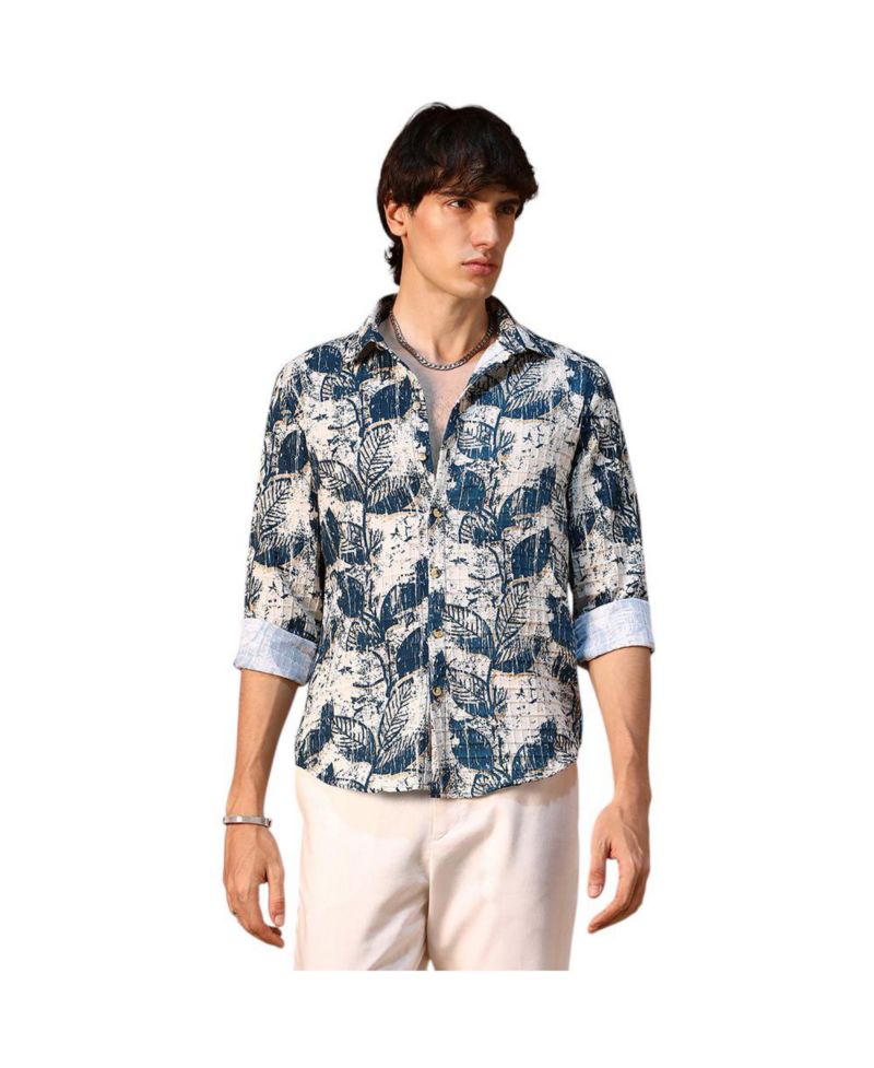Men's Ivory White & Indigo Blue Foliage-Waffle Shirt