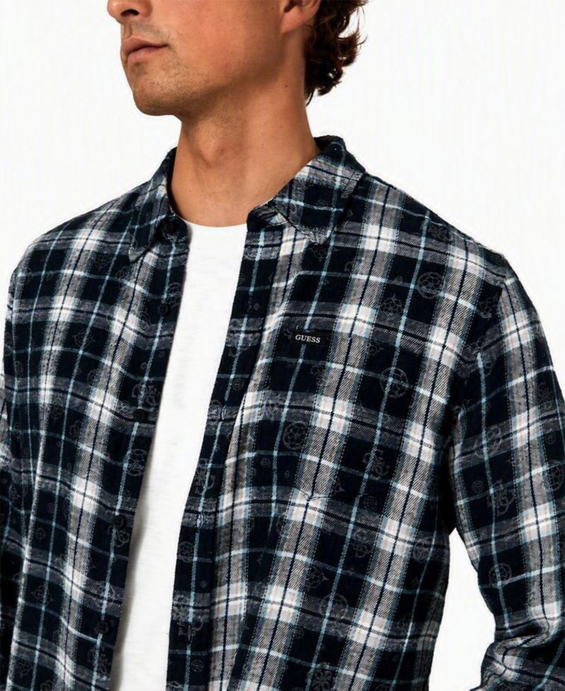 Men's Ocean Coast Plaid Long-Sleeve Logo-Print Button-Down Shirt