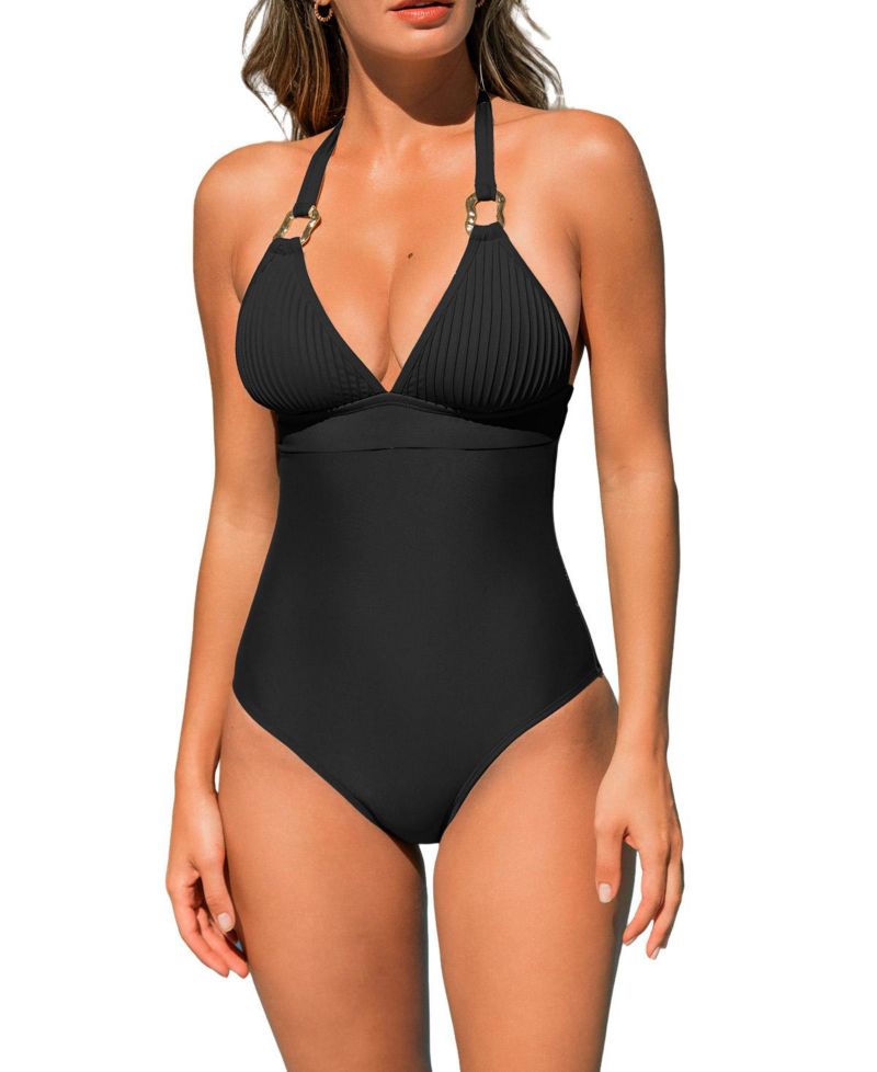 Women's Ribbed V-Neck Metal Trim One-Piece Swimsuit