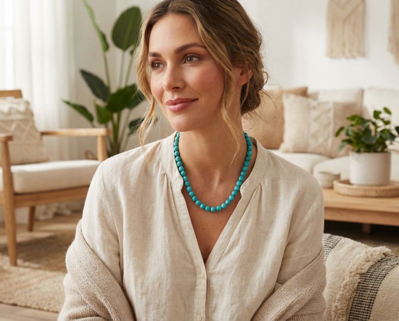 Long Strand Double Wrap Layer Blue Turquoise Necklace .925 Sterling Silver
