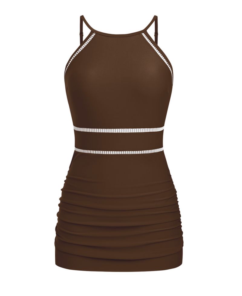 Women's Mock Neck Sporty Crisscross Straps One Piece Swim Dress