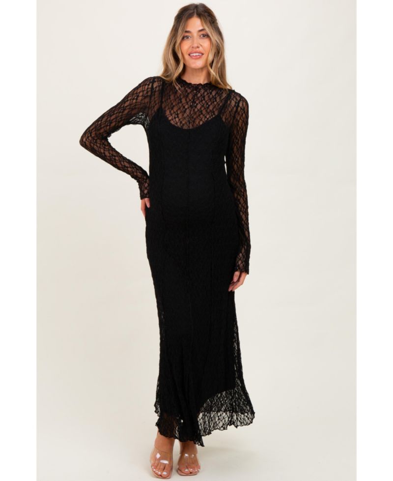 Women's Beige Lace Mock Neck Long Sleeve Maxi Dress