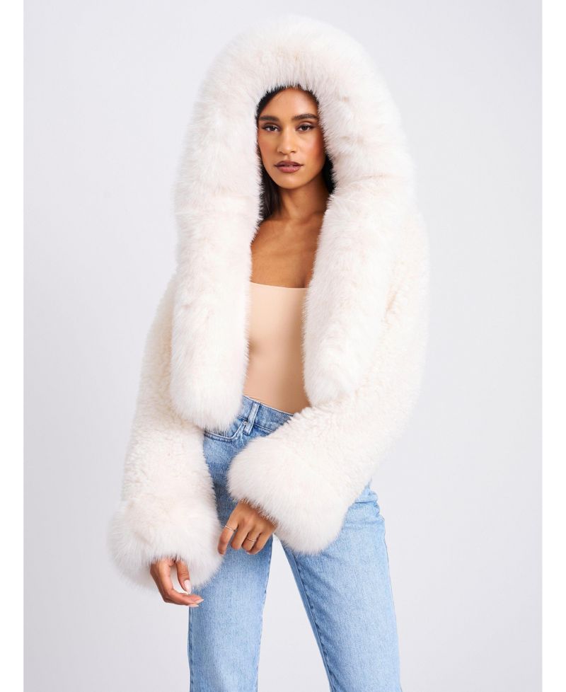 Women's Kali White Cropped Faux Fur Jacket With Hood