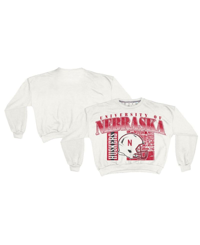 Women's White Nebraska Huskers Oversized Janice Retro Waist-Length Sweatshirt