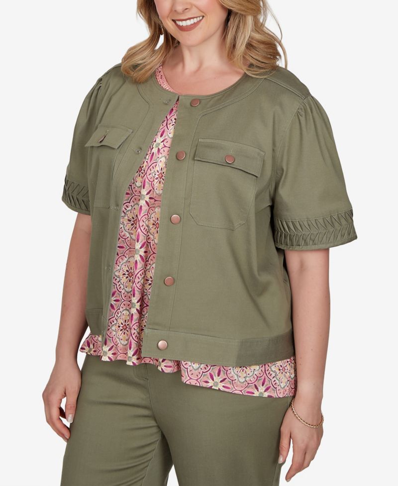 Plus Size Pleated Short-Sleeve Soft Denim Jacket