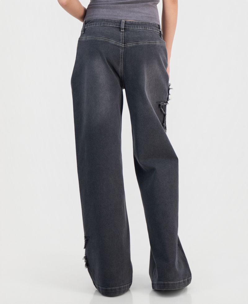 Juniors' Star Patch High Rise Wide Leg Jeans