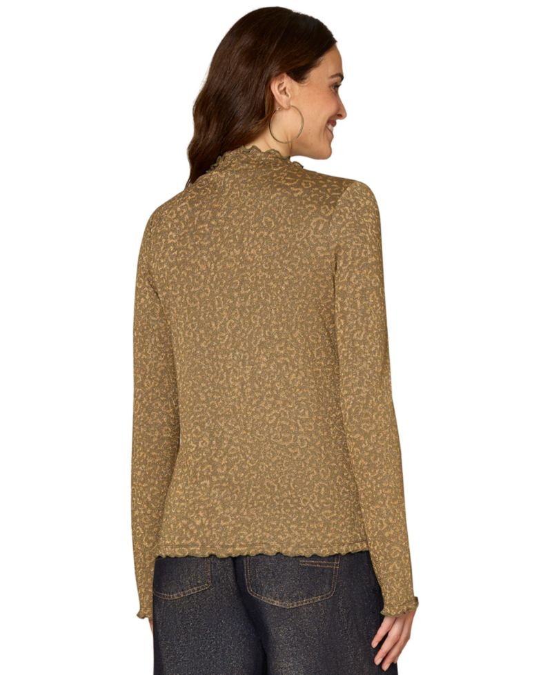 Women's Mock Neck Long Bell Sleeve Animal Print Blouse
