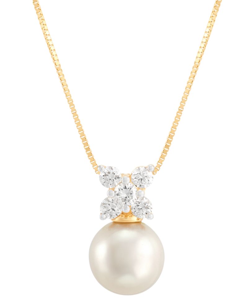 Cultured Freshwater Pearl (8-1/2mm) & Lab Grown Diamond (1/3 ct. t.w.) Cluster 18" Pendant Necklace in 14k Gold
