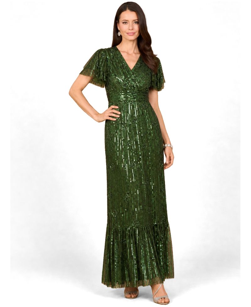 Women's Elegant Beaded Gown with Flutter Sleeves