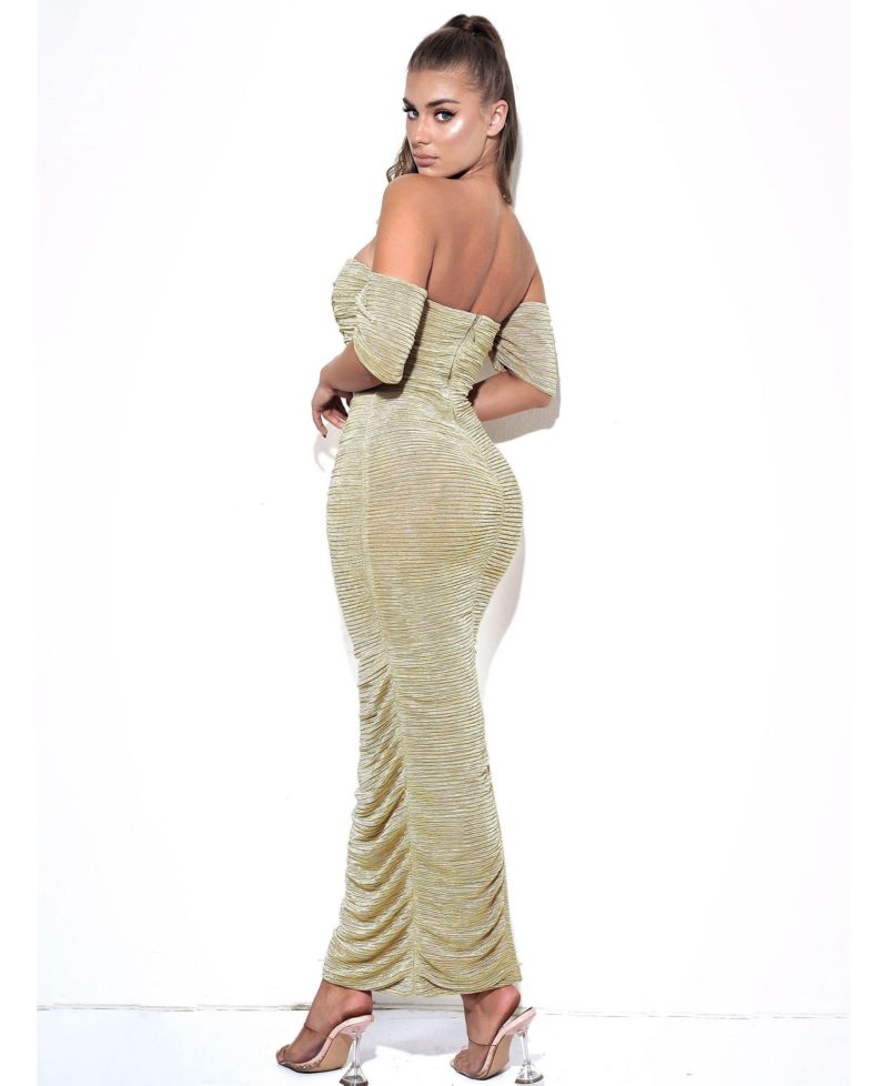 Women's Gene Gold Ruched Off Shoulder Chiffon Dress