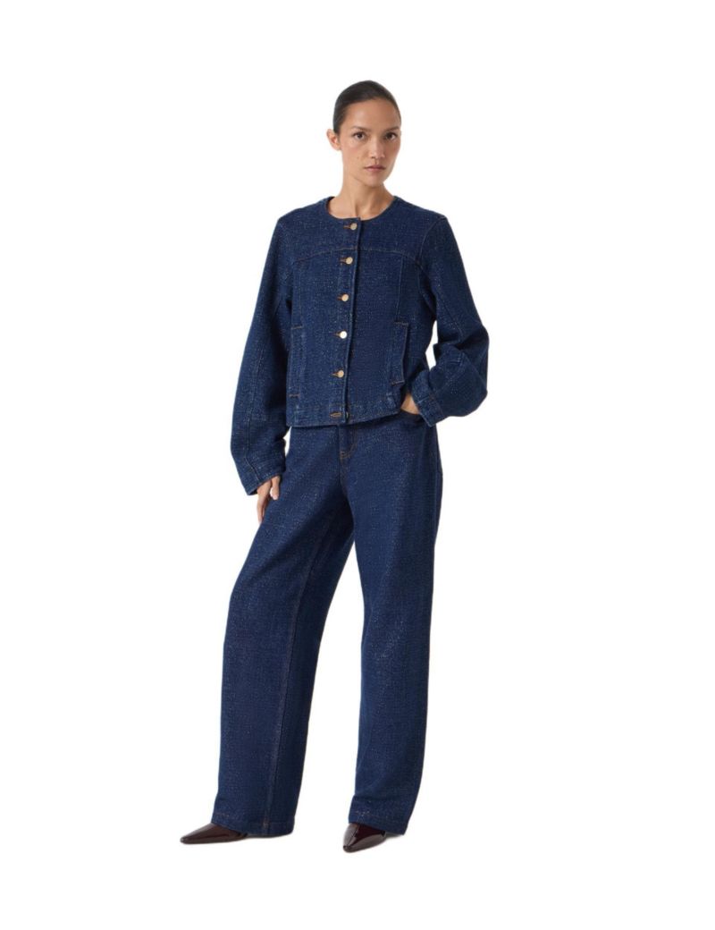 Women's Collarless Lurex Denim Jacket