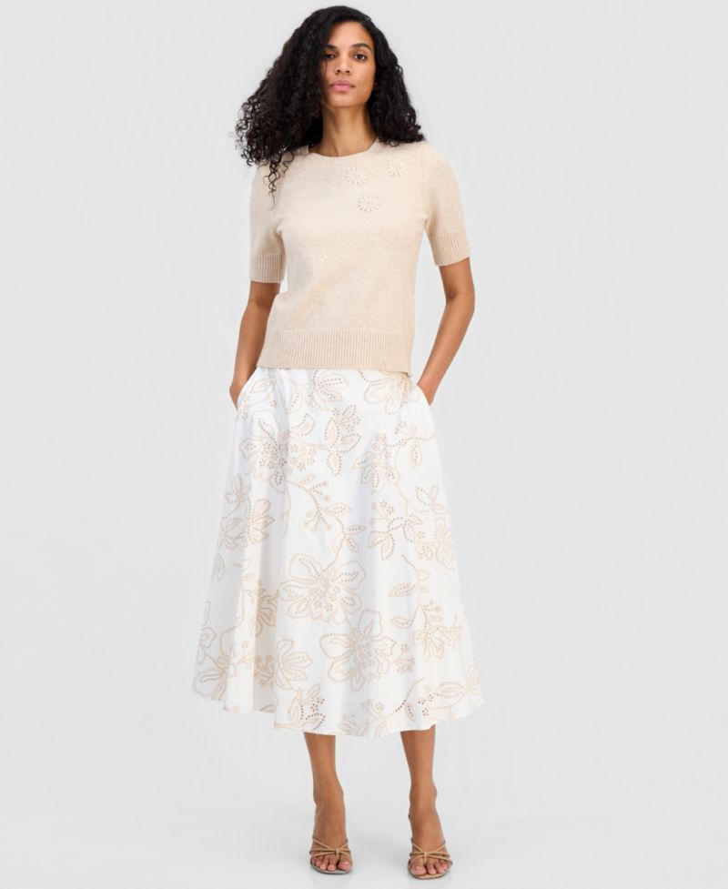 Women's Floral-Appliqu&eacute; Short-Sleeve Sweater