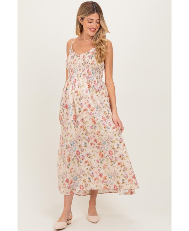Women's Cream Floral Smocked Ruffle Detail Midi Dress