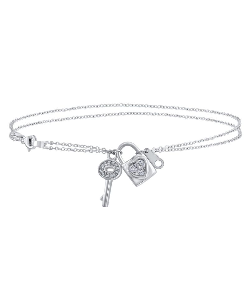 Romantic Key to Her Heart, Lock, Key Charm Anklet Double Strand Ankle Bracelet .925 Sterling Silver