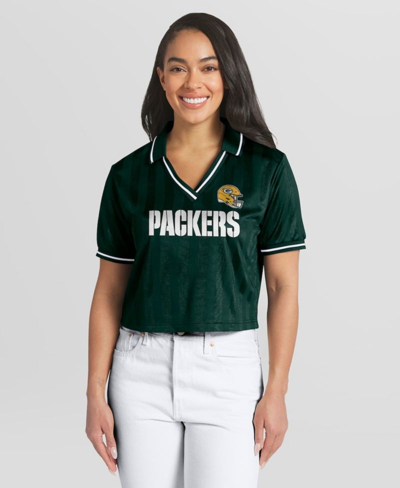 Women's Green Green Bay Packers Cropped Jersey Polo Shirt