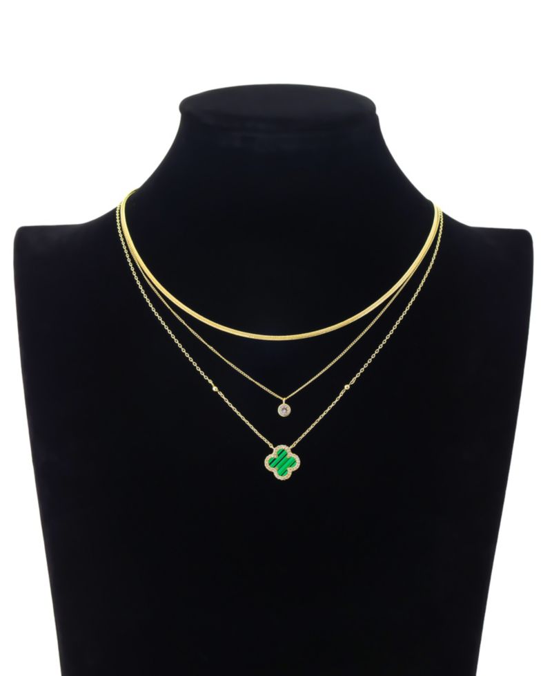 Malachite Clover and Cubic Zirconia Bezel Layered Necklace Set