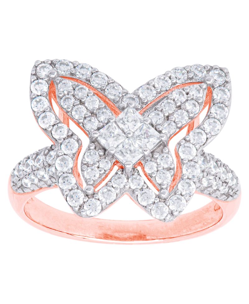 Cubic Zirconia Butterfly Ring in Fine Rose Gold Plate or Fine Silver Plate