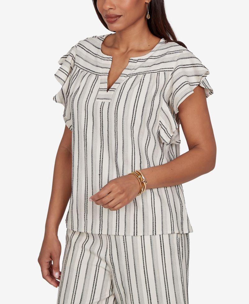Petite Flutter-Sleeve Textured Stripe Top