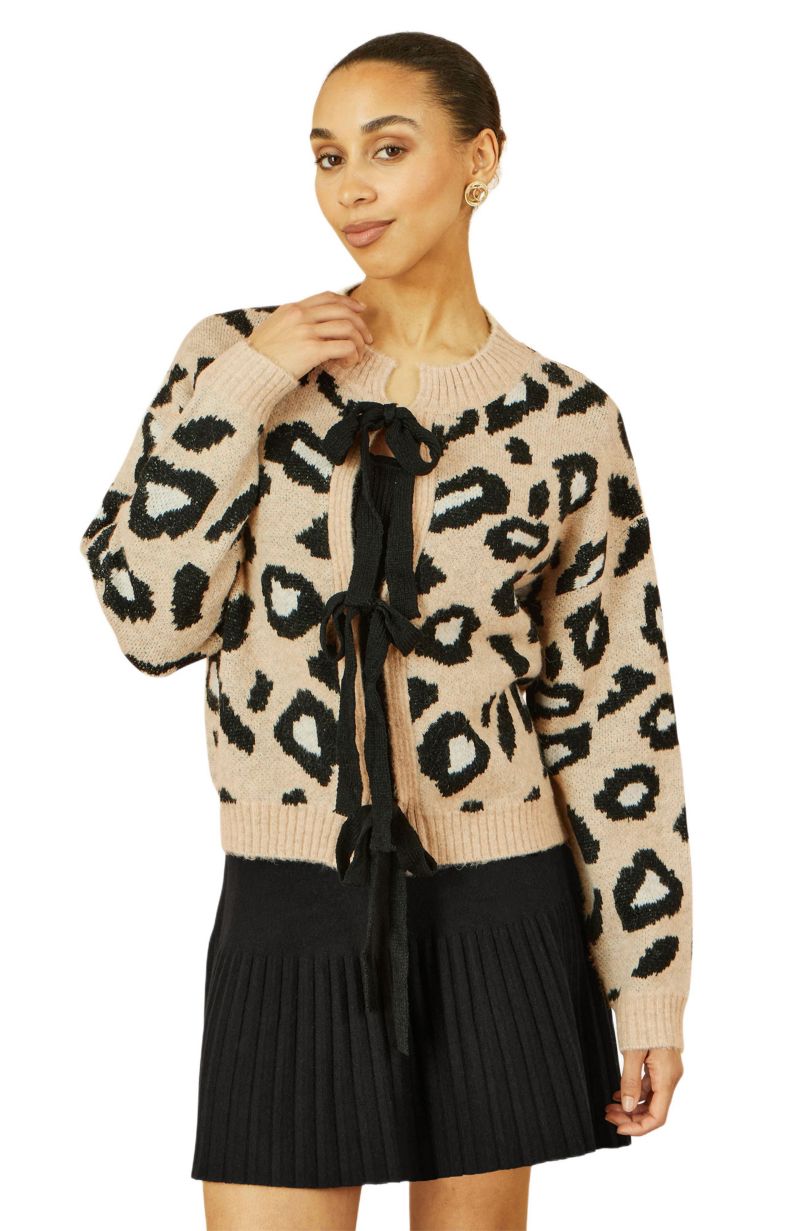 Women's Animal Print Intarsia Tie Front Cardigan