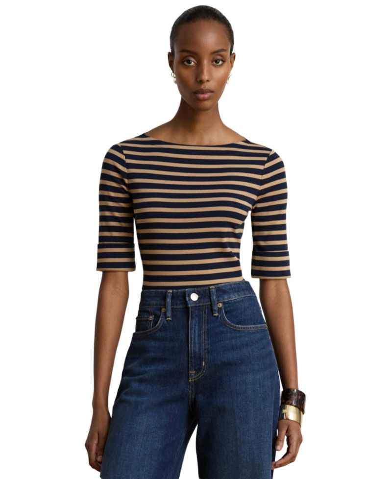 Petite Striped Stretch Cotton Boat Neck Top