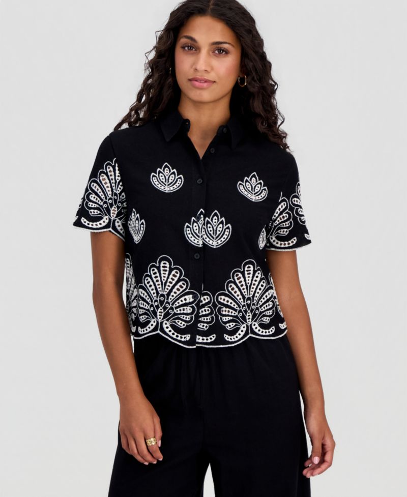 Petite Cotton Embroidered Camp Shirt