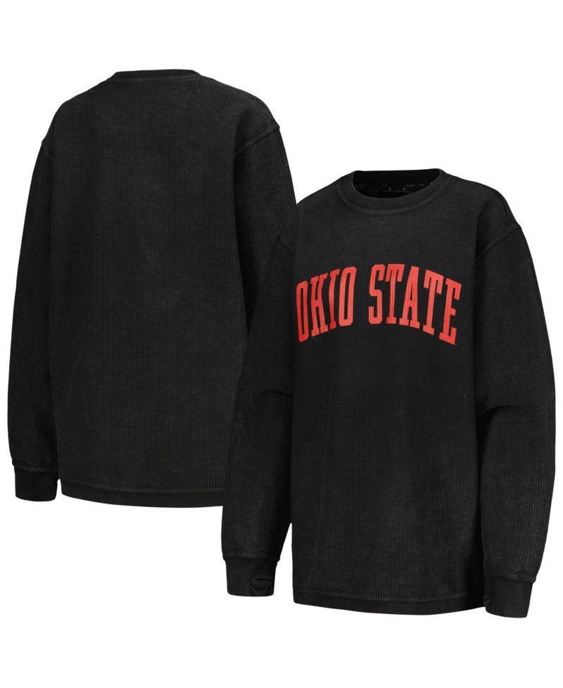 Women's Black Distressed Ohio State Buckeyes Comfy Corded Vintage-Like Wash Basic Arch Pullover Sweatshirt