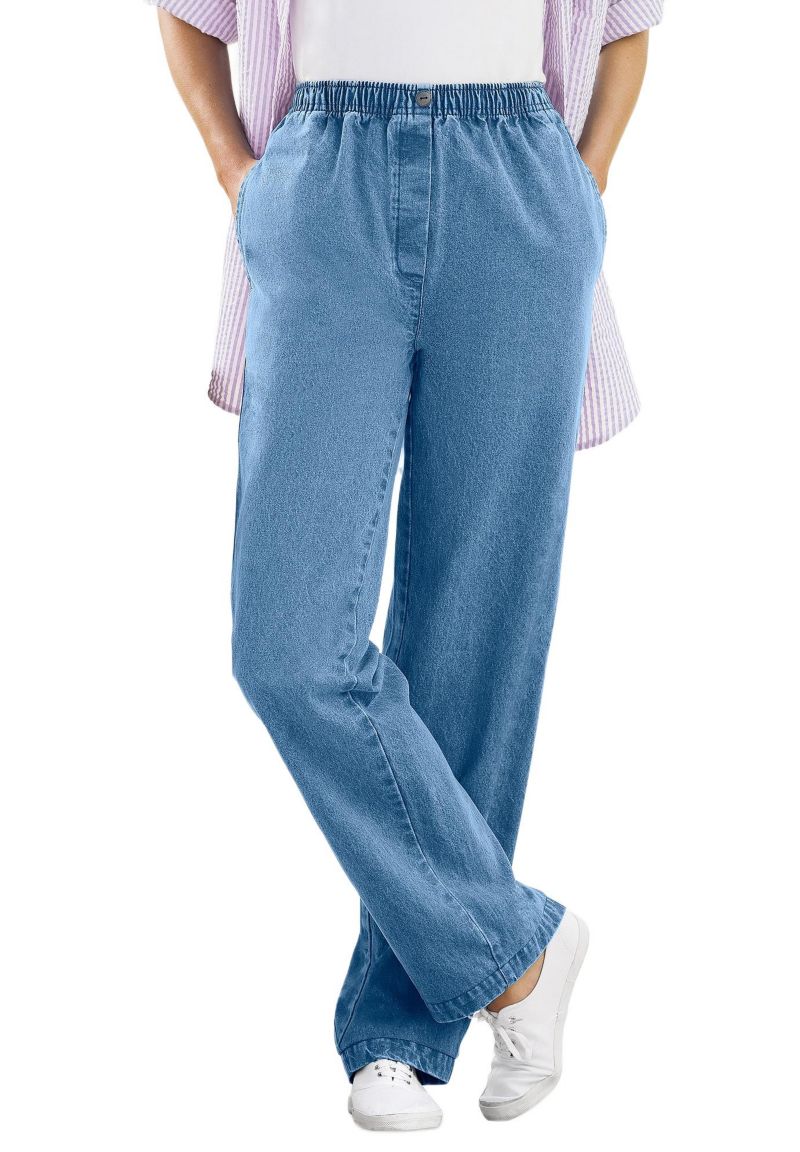 Women's Plus Size Tall Straight-Leg All-Cotton Denim Pull-On 7-Day Elastic-Waist Jeans