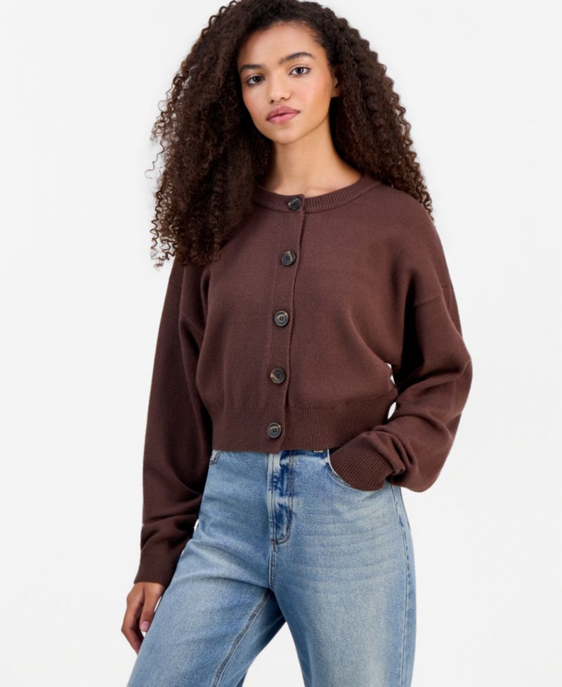 Juniors' Crewneck Cropped Cardigan