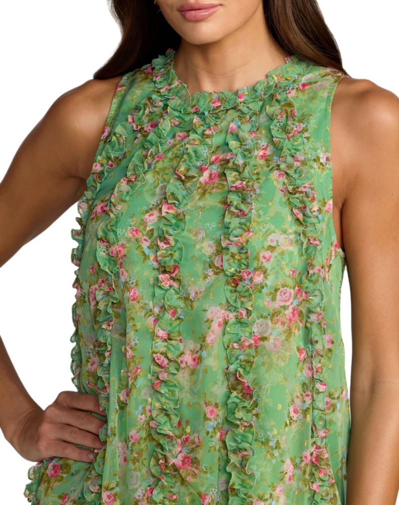 Women's Sleeveless Floral Chiffon Midi Dress with Ruffles