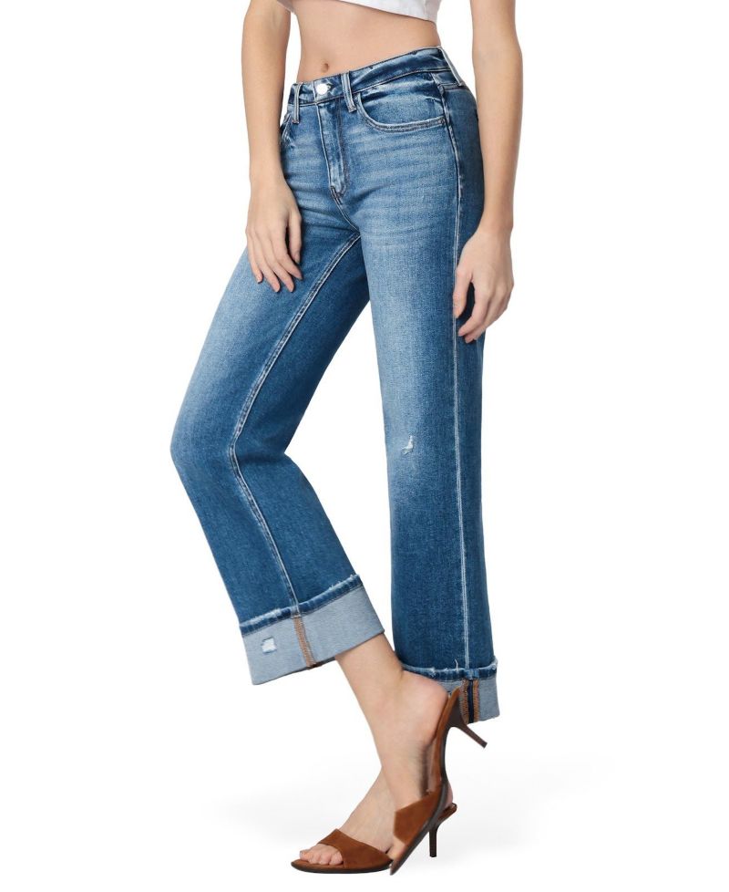 Women's High Rise Cuffed Slim Wide Leg Jeans