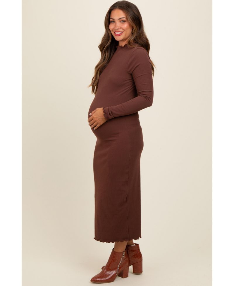 Women's Brown Ruffle Mock Neck Long Sleeve Midi Dress